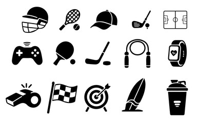 Sports Icons Set, Black Vector Graphics, Fitness Symbols, 16 Emblems © Md Hifjul