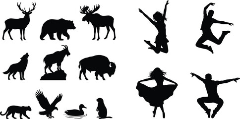 A diverse collection of black vector silhouettes featuring wild forest animals and energetic people jumping and dancing. © Shariful