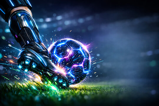 Electrifying soccer action Player's boot striking glowing futuristic ball on vibrant stadium field