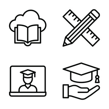 Diverse online education and learning tools vector icons set with graduation and study concepts, set covers both