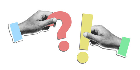 Creative collage art of halftone hands holding question mark and exclamation point on transparent background. Perfect for FAQ, Q&A, and solution concept.