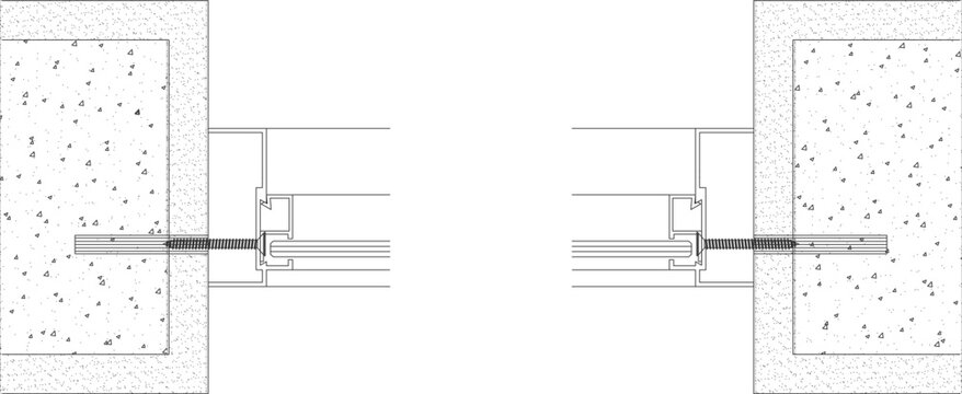 Technical section detail showing window frame installation and anchorage into a concrete wall for construction and architectural planning