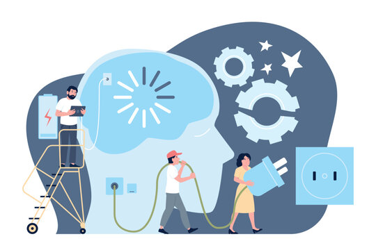 Human brain charge. Tired mind need recharge. Creative business team got exhausted during brainstorming session and needed rest, recent vector scene