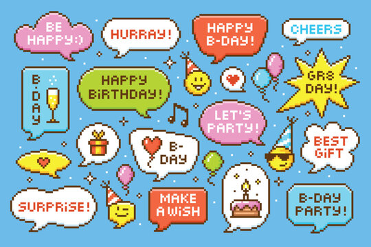 Pixel birthday bubbles. Retro style messages for congratulations with texts and icons. 8-bit conversation speech bubble, lets party, best gift, tidy vector set