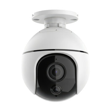 Modern dome security camera on white surface isolated on transparent background