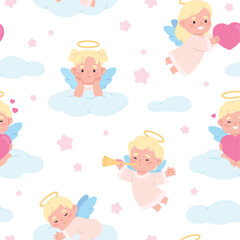 Obraz premium Cartoon angels seamless pattern. Cute baby holy angel flying. Adorable print for fabric, wallpaper, wrapping. Nursery decorative template, racy vector background