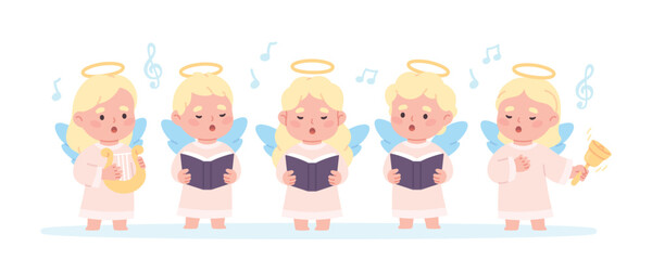 Obraz premium Children angel choir. Little kids wear angels costumes, holy festival or holiday characters. Adorable singers with books, harp and trumpet, racy vector scene