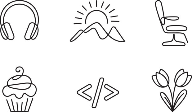 Web design and app chair icons set, and headphones icon and mountains and cupcake in outline style