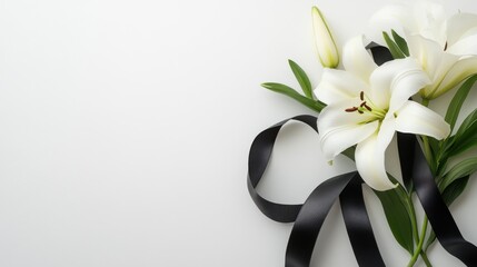 Fototapeta premium White lilies with black ribbon isolated on white background