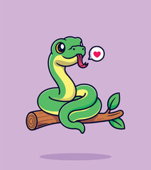 Naklejka premium Friendly snake with a heart illustration cartoon snake, cute snake, cartoon jungle, mascot, fauna, jungle tree, jungle, reptile, snake, tree, animals cartoon, cartoon forest, cartoon cute, forest tree