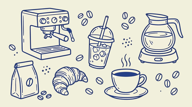 Set of coffee elements including espresso machine, iced coffee, coffee pot, cup, croissant and coffee beans in doodle style