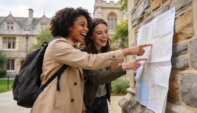 Two diverse young women looking at a map on a stone wall. Happy female students navigating a university campus. Friends exploring a historic city together
