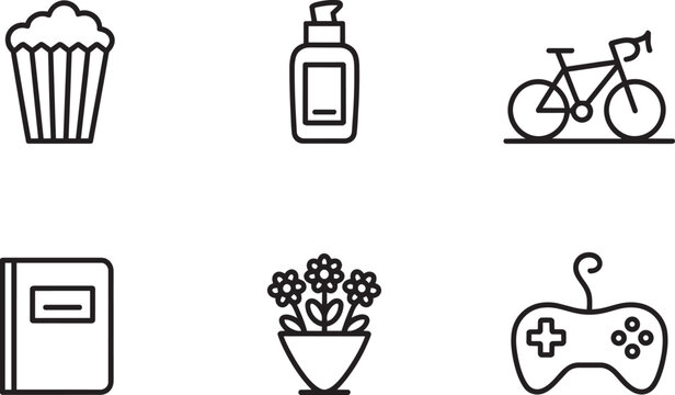 Everyday icons set including a cupcake, lotion bottle, bicycle, book, flowers, and game controller in outline style