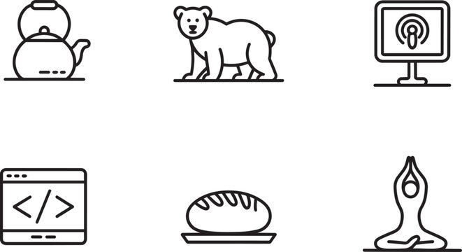 Icons set for kettle, bear, computer, code, bread, and yoga pose in outline style