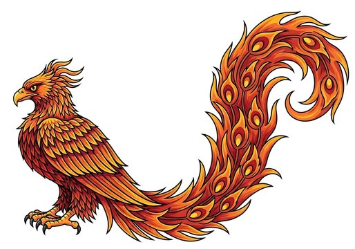 Mythical Firebird Illustration with Fiery Tail and Regal Posture.