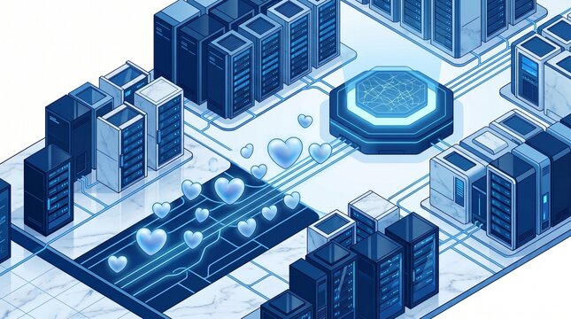 Digital love connection, abstract data center network with glowing heart icons, a futuristic concept of online dating and virtual relationships, modern technology illustration.