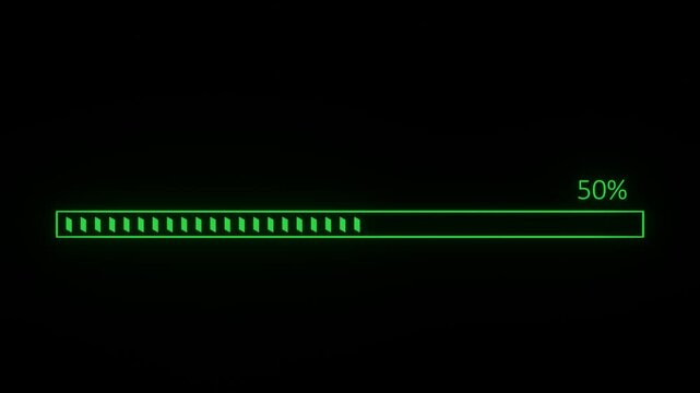 Loading progress bar with green neon glow and percentage counter animation on dark background