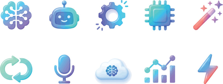 AI Technology Neural Network 3D Icon Set