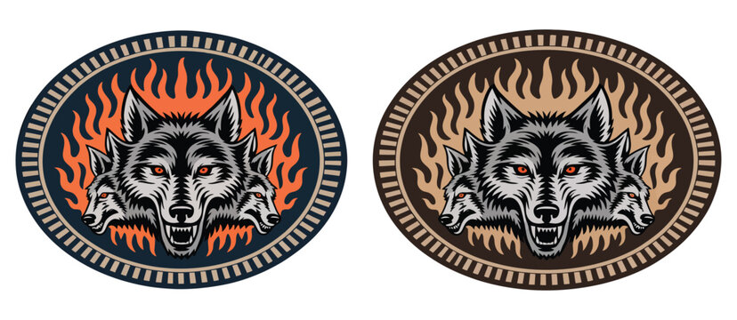 wolf label belt buckle three wolves heads with fire flames wild west cowboy style tag design featuring brave daring courage stylized silhouette composition with bold western emblem and rugged vintage 