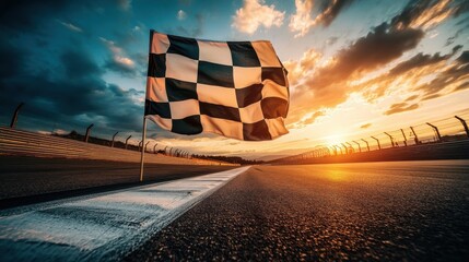 Obraz premium Checkered flag waving on a race track at sunset with dramatic sky