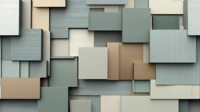 The video shows a collection of wall art featuring abstract shapes and colors. Viewers see different angles and details of the art pieces placed on the walls