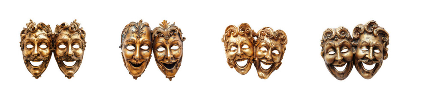 Four pairs of comedy and tragedy theater masks isolated on transparent background
