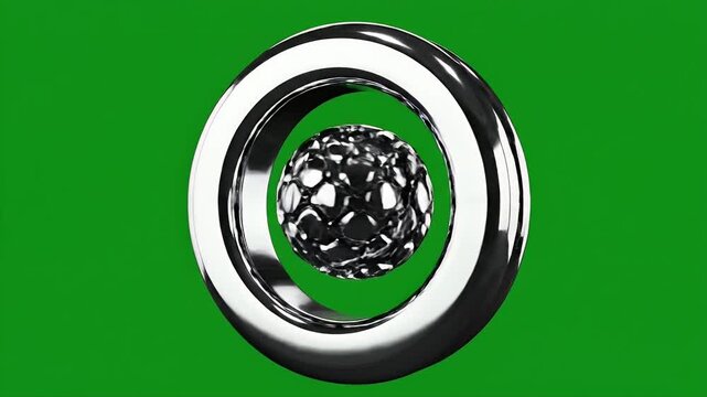 Rotating Metallic Ring with Inner Core on Green Screen - A shiny metallic ring with a textured inner core rotates against a vibrant chroma key green background, perfect for visual effects.