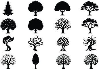 Fototapeta premium Tree silhouette collection with sixteen diverse botanical designs including coniferous, deciduous, and abstract stylized forest variations