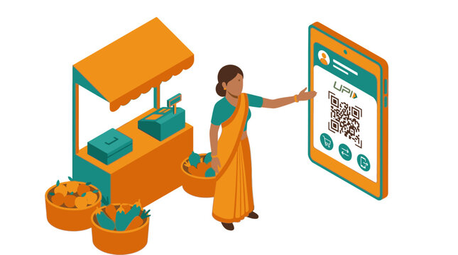 Indian woman vendor using digital payment via qr code on smartphone at roadside stall, cashless transaction concept