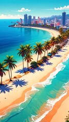 Obraz premium Vibrant Tropical Beach with Palm Trees Curving Along Turquoise Coastline Near Modern City Skyline