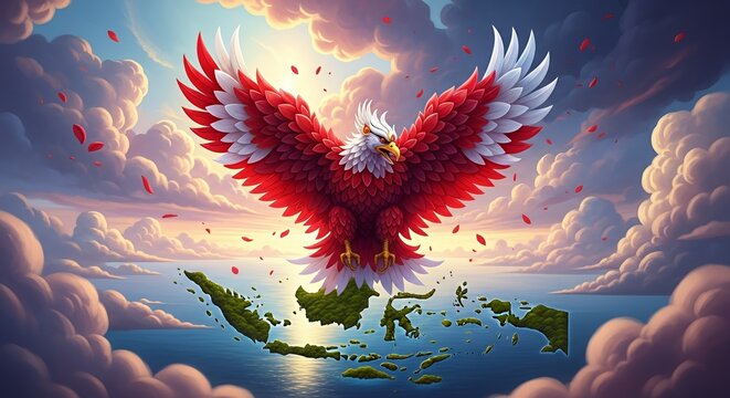 Mythical Garuda bird flying over Indonesian archipelago map illustration.