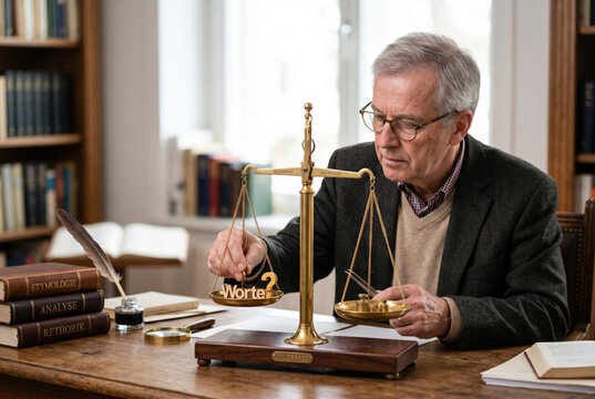 Konzeptbild zur Redewendung &bdquo;etwas auf die Goldwaage legen&ldquo;, bei dem wortw&ouml;rtlich Dinge auf einer goldenen Waage analysiert werden.
