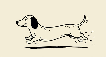 Cute cartoon dachshund dog running happily, simple handdrawn illustration of a longbodied puppy in motion © SampaRani