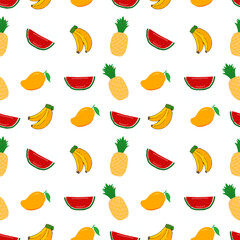This vibrant, seamless vector pattern showcases a playful assortment of tropical fruit, including sliced watermelon, pineapple, mango, and bananas. Ideal for backgrounds, textile prints, or packaging, © Nurul