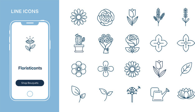 Florist shop linear line icon set featuring beautiful flowers bouquet blooming roses leaves watering can and smartphone app interface elements