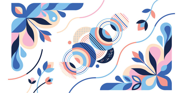 Blue and pink geometric floral pattern corner vector illustration for modern decorative background.