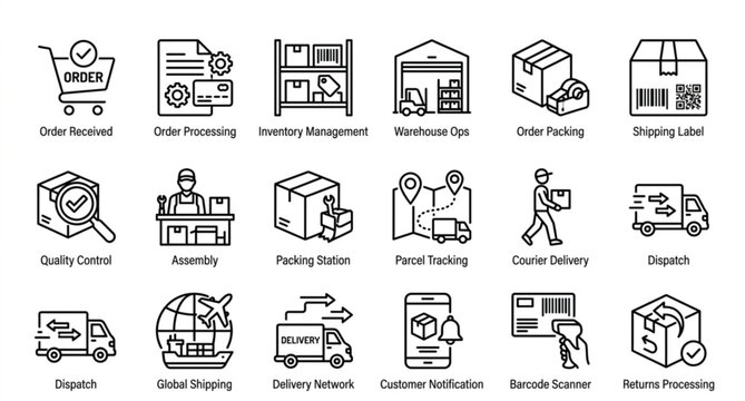 Modern fulfillment icons vector collection warehouse and order processing elements isolated on white