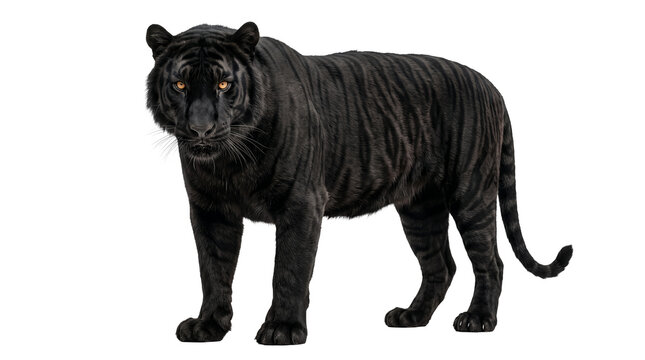 Rare black melanistic tiger walking isolated on transparent background
