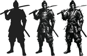 Obraz premium Stylized vector illustration of samurai warrior with katana progressing from silhouette to detailed ink artwork symbolizing tradition, strength, and artistic development