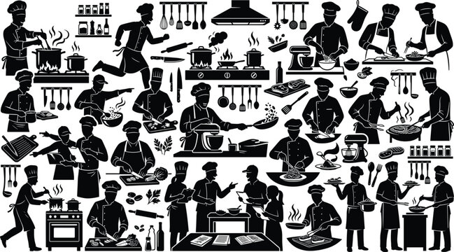 Professional restaurant kitchen chefs silhouettes mega set with characters cooking baking and serving isolated on white background
