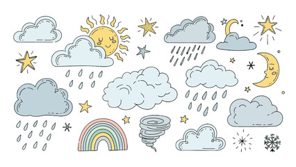 Obraz premium A charming collection of hand-drawn weather icons, featuring a smiling sun, various clouds, rain, a rainbow, a tornado, and crescent moons with stars.