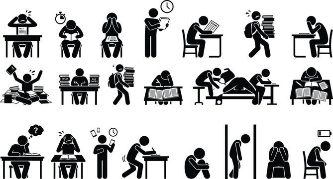Stressed students stick figures set with school children suffering from exam pressure anxiety and homework overload
