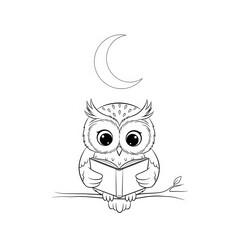 Naklejka premium Cute cartoon owl sitting on a branch reading a book under moon
