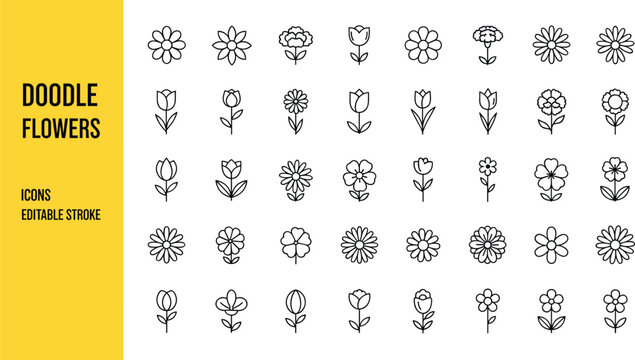 Minimalist hand drawn doodle flowers line icon set featuring editable stroke botanical elements blossoms and simple floral designs