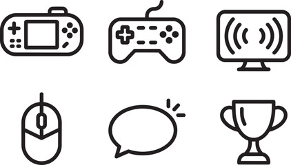 Gaming icons set featuring a handheld console, controller, monitor, mouse, speech bubble, and trophy in outline style © Laila