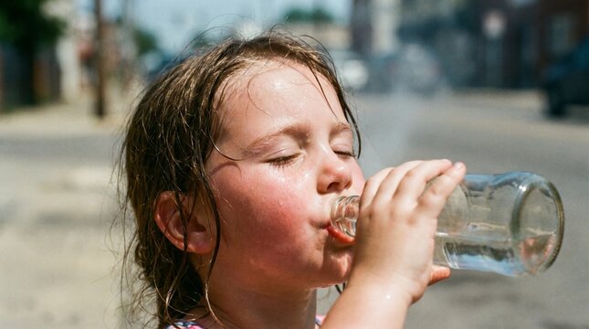 Overheated little girl without a hat drinking water from a glass bottle on a hot sunny day. Risk of sunstroke, heatstroke, and dehydration concept