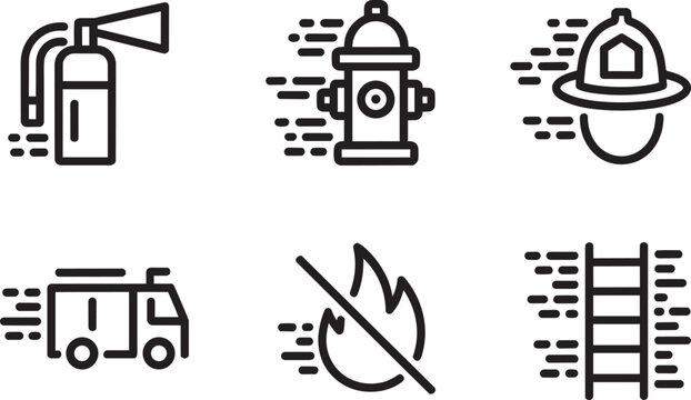 Fire safety and emergency response icons set, featuring essential equipment and symbols and hydrant and helmet in outline style