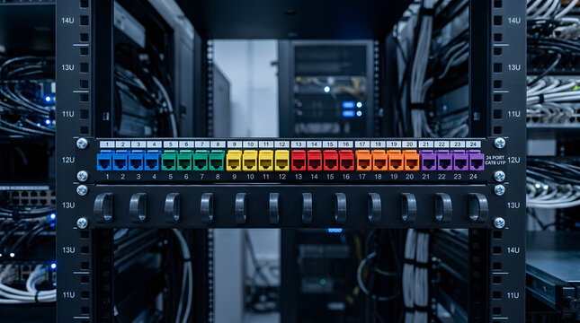 Data Center Server Rack with 24 Port CAT6 UTP Patch Panel | Colorful Network Infrastructure with Cable Management Loops | IT Connectivity Hardware in Telecommunications Room | RJ45 Ethernet Ports