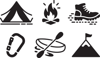 Outdoor adventure icons set tent, campfire, boot, carabiner, kayak, mountain with flag in outline style © Laila