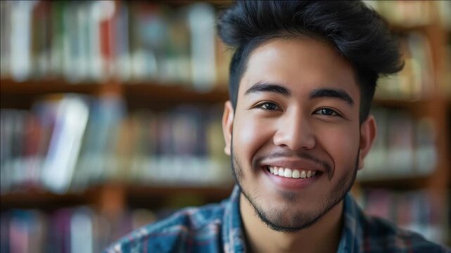 Smiling young man in library